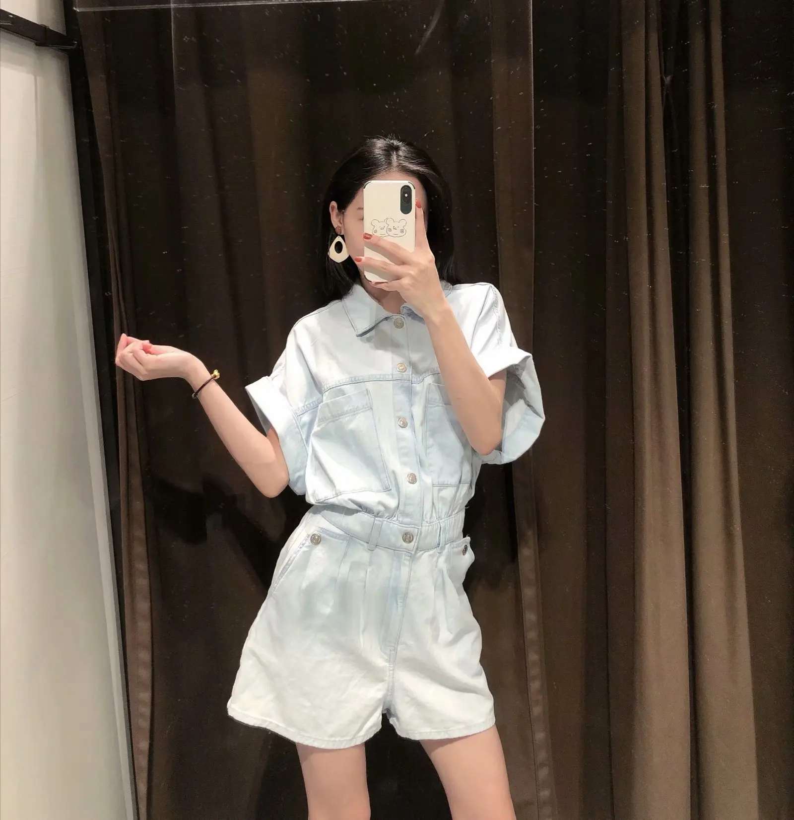 

2021 ZA women's spring new washed denim jumpsuit retro chic denim overalls lapel single-breasted fashion female denim shorts