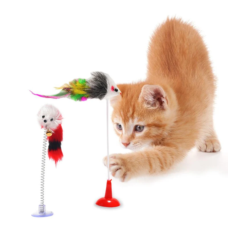 

Indoor Interactive Cat Toys for Pets Kitten Metal Wire Spring Small Cat Toy with Mini Mouse and Bell Sucker Cat Teaser Rod Toy