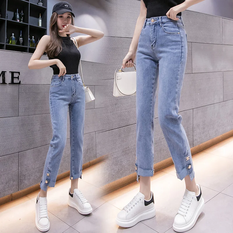 

Женские джинсы с высокой талией, весна 2021, свободные Стрейчевые брюки в Корейском стиле, прямые укороченные брюки, Rac