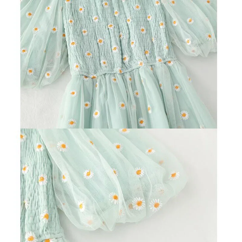 

small daisies embroidery mesh dresses women 2020 sexy off french shoulder vintage party ruffle dresses elegant vestidos