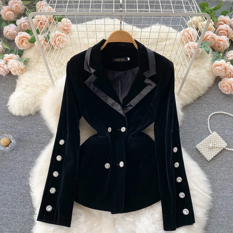 

Autumn Winter Korean Retro Temperament Blouse Women's Velvet Waist Double-breasted Suit Thick Coat KK1369