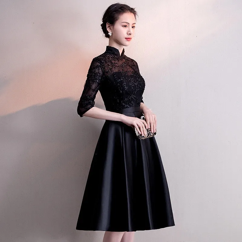

Noble Black Evening Dress Temperament Banquet Dress Mandarin Collar Chinese Dress Elegant Slim Hostess Dress Prom Gown XS-3XL