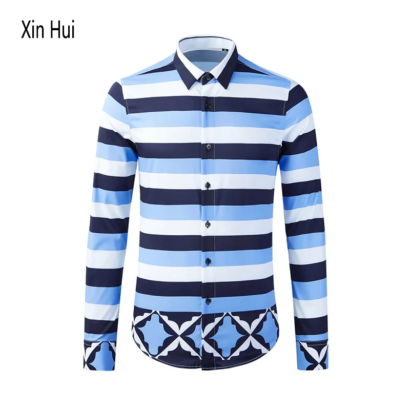 

2021Men's shirt high quality non-iron anti-wrinkle men's blue, white and black stripes digital printing men's long-sleeved shirt