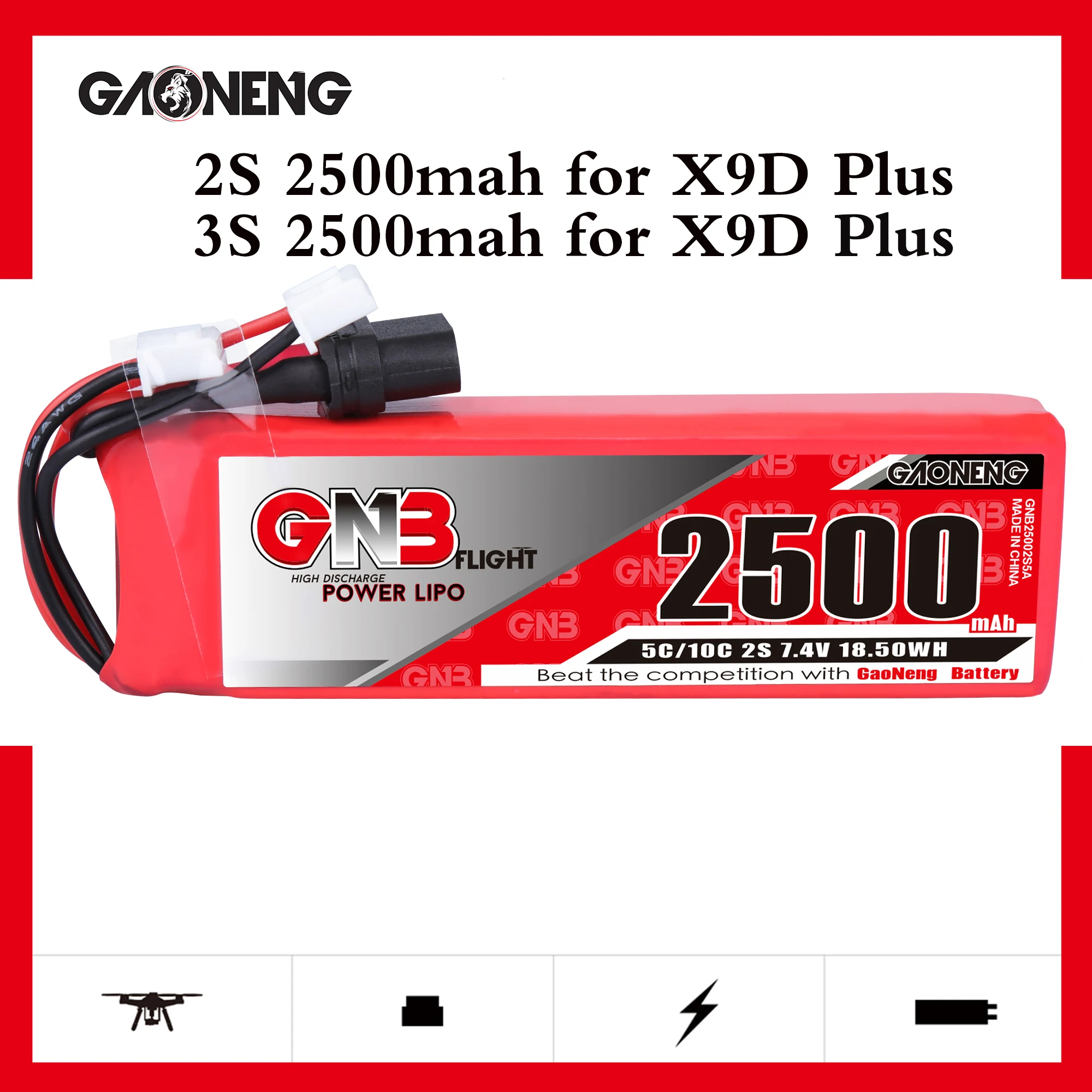 Gaoneng GNB 2S 2500MAH 5C 37.4V batteria Lipo Design speciale per batteria telecomando trasmettitore Frsky Taranis X9D Plus