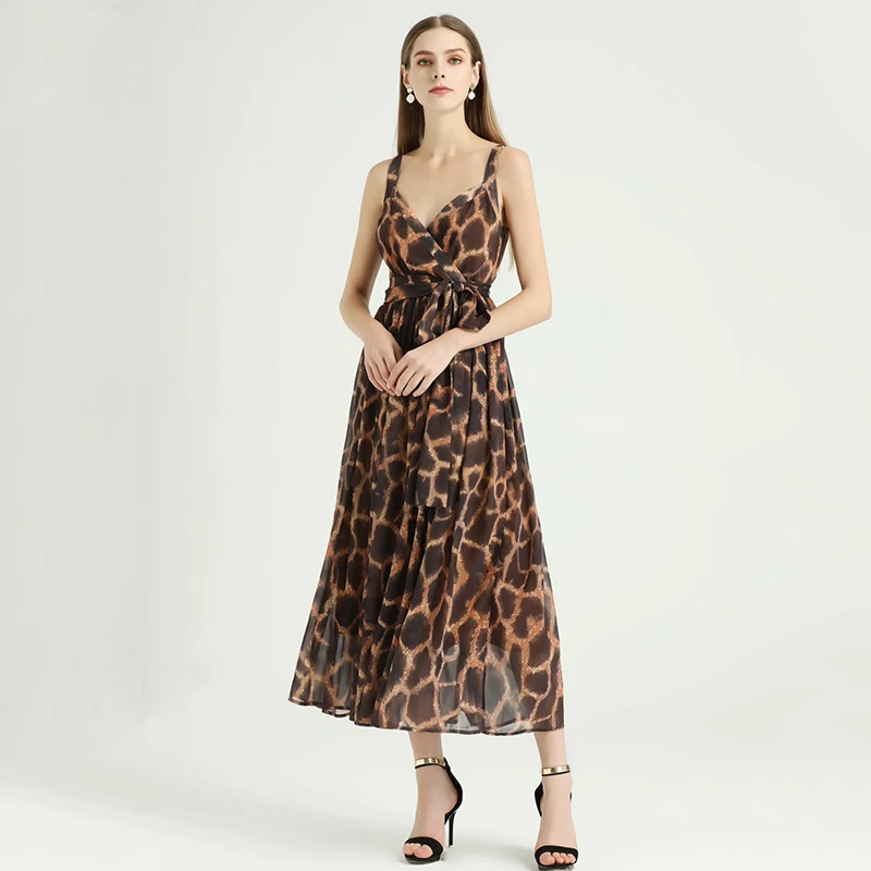 

Leopard Print Chiffon Long Dress women 2021 New Summer Fashion Holiday Beach Strap Sleeveless Dresses
