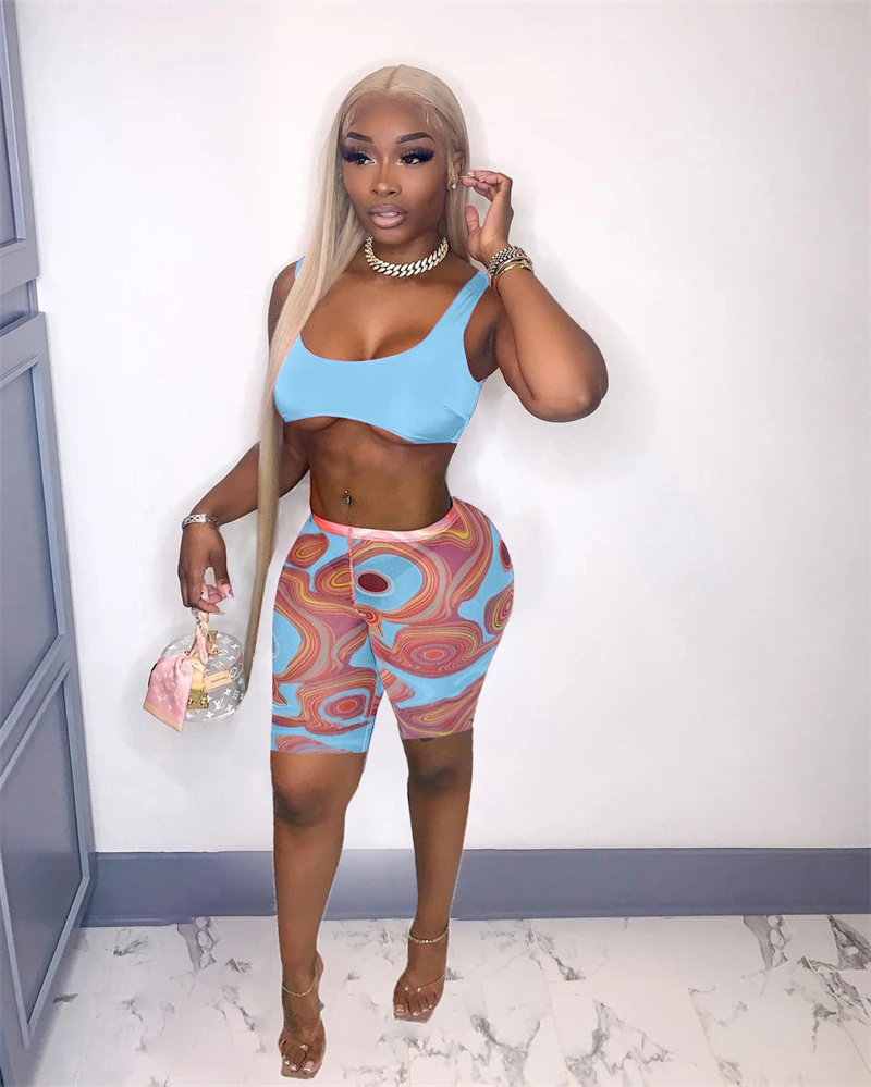 

Adogirl Women Summer Tracksuit Solid Vest Crop Top Fashion Print Shorts Female Casual Athletic 2 Piece Set Fitness Workout Suit