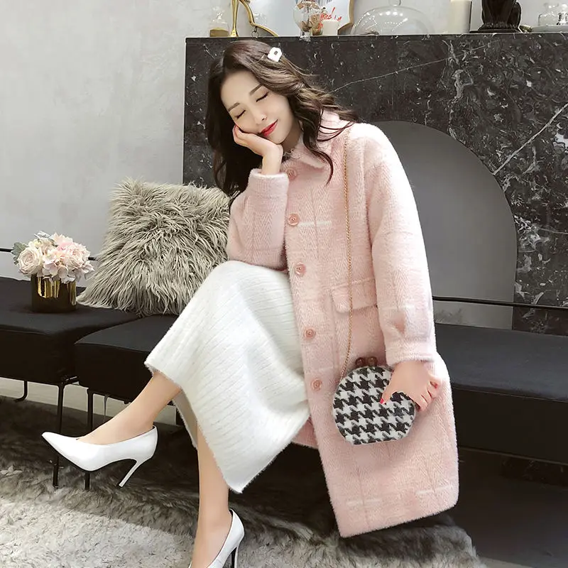 

2020 Women Winter Faux Mink Fur Coat Plaid Female Turn Down Collar Straight Fake Fur Lady Coat Casual Single Breasted Jacket A85