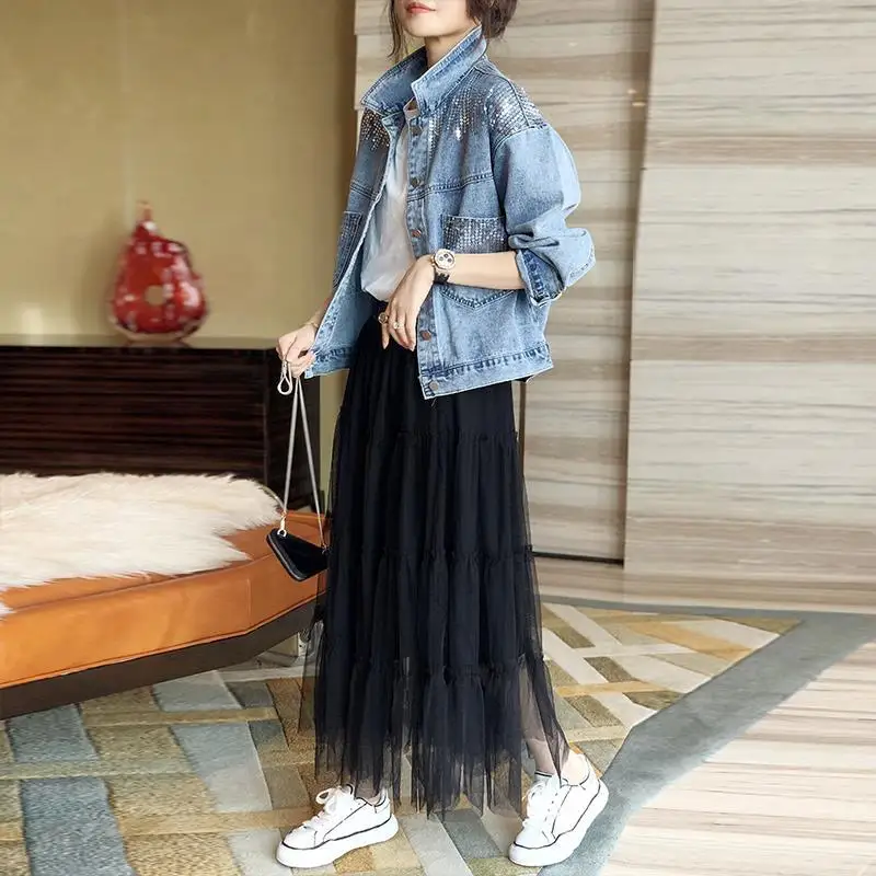 Женская джинсовая куртка с блестками повседневная короткая большого размера