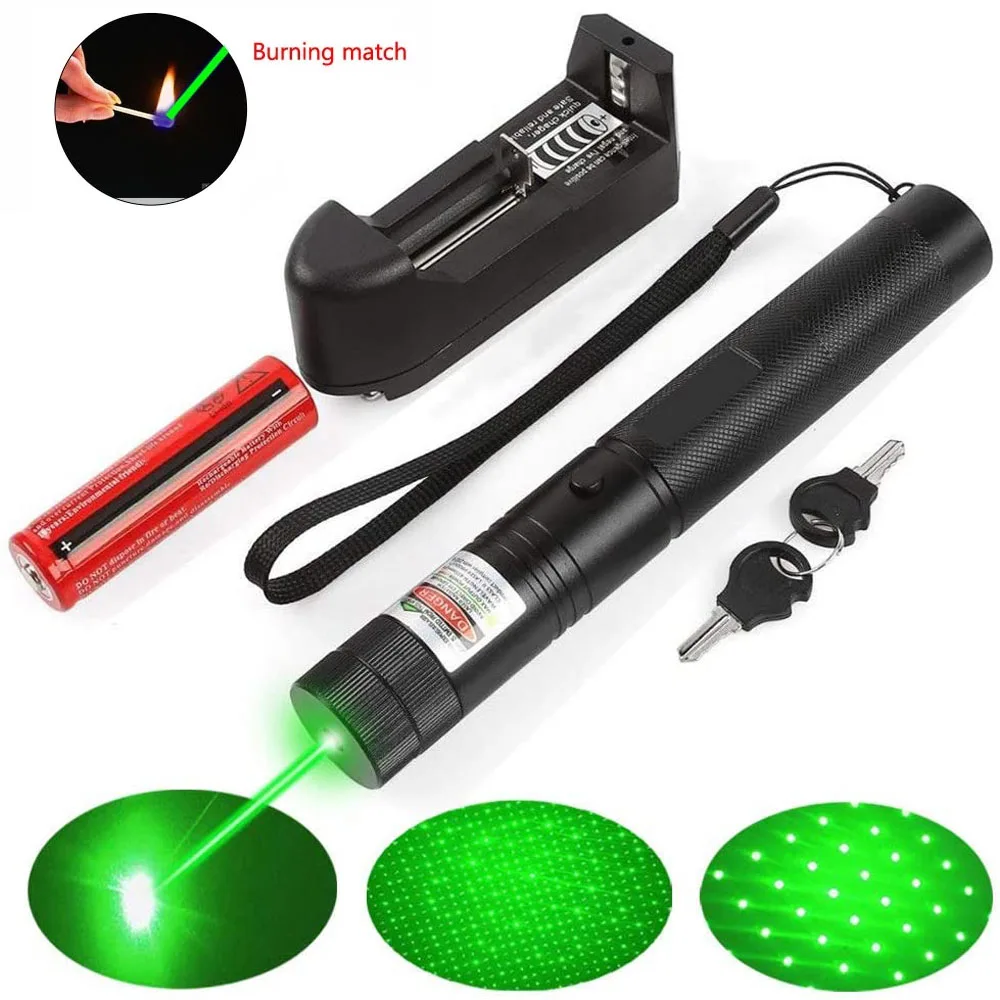 Green Laser Pointer Flashlight 532nm Lazer Pen Adjustable Focus with Visible Torch Lights Burning Match for Camping Hunting