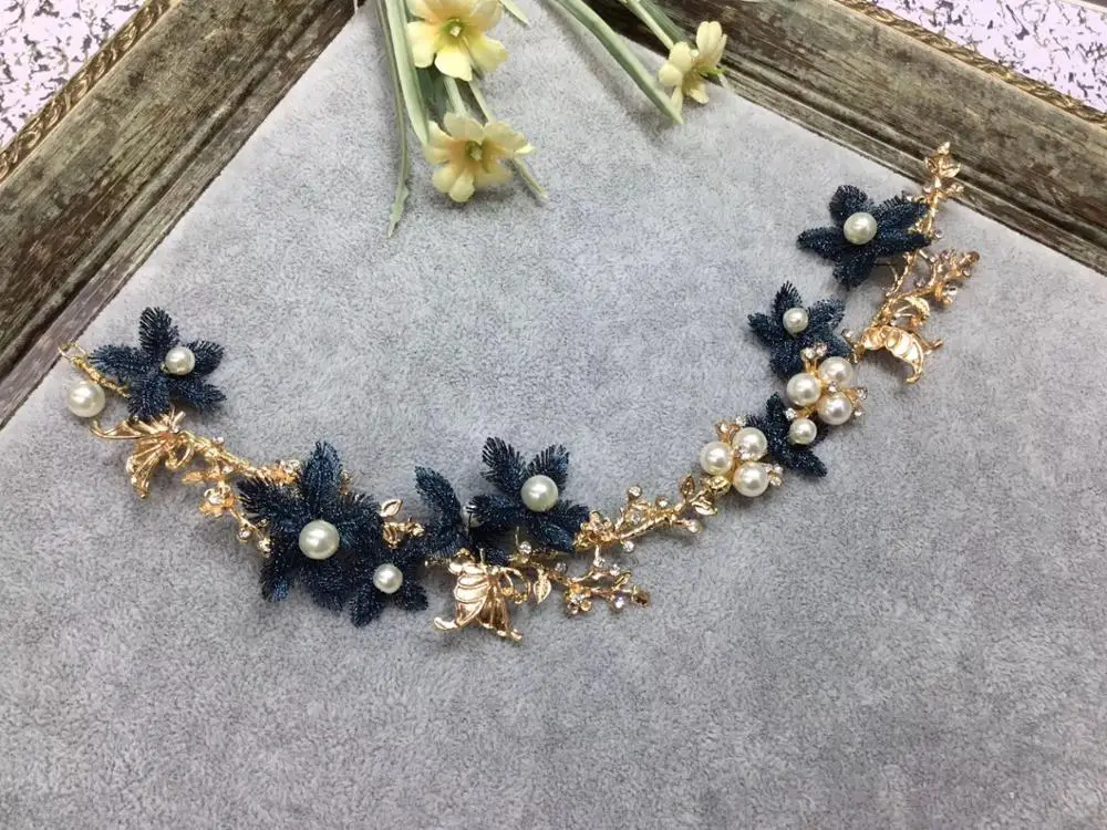 Свадебная тиара Стразы ручной работы повязки на голову для невесты темно синие
