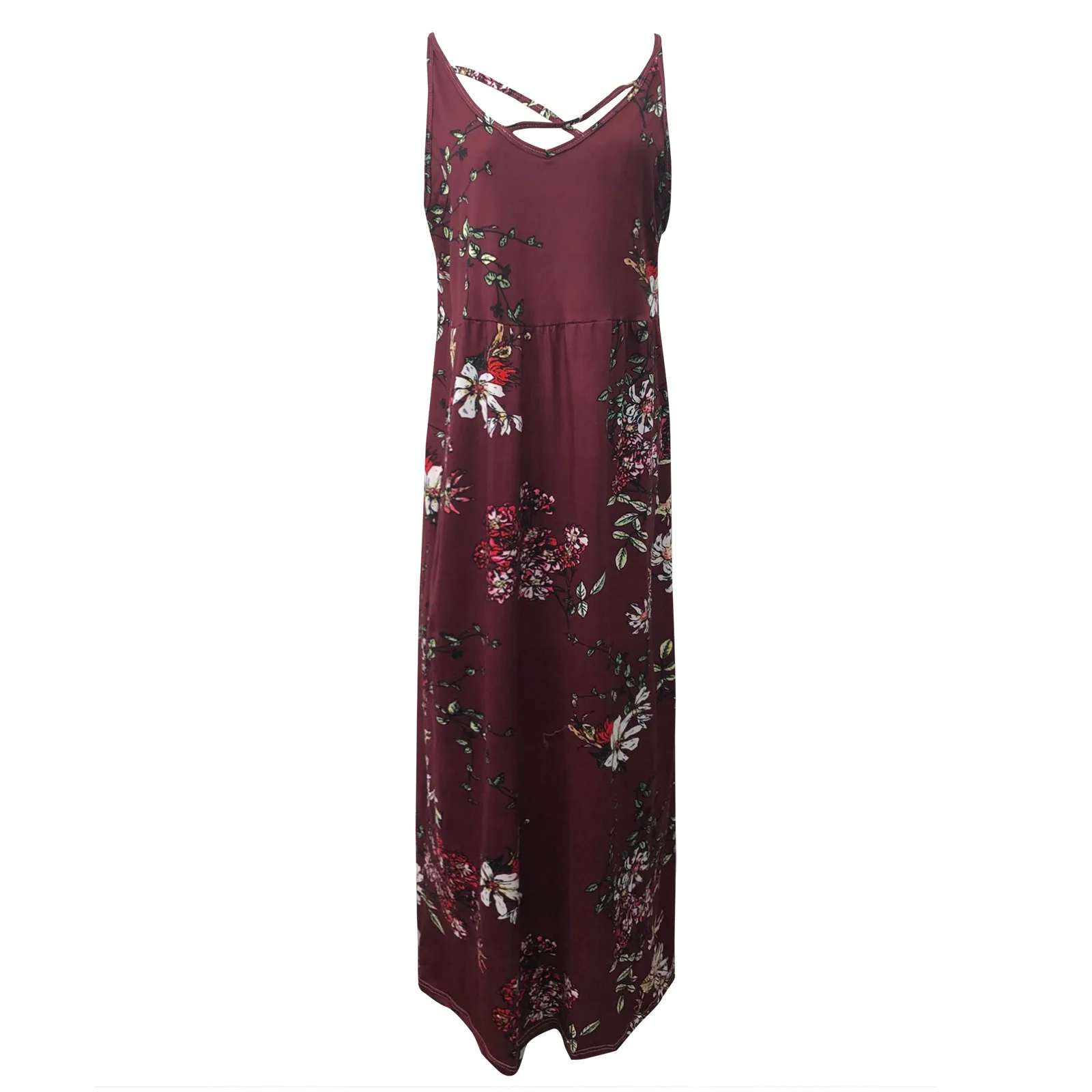 

Summer Maxi Dress Women's Casual Sleeveless Loose V-Neck Flower Printed Long Dress With Pocket Female Beach Dresses#35