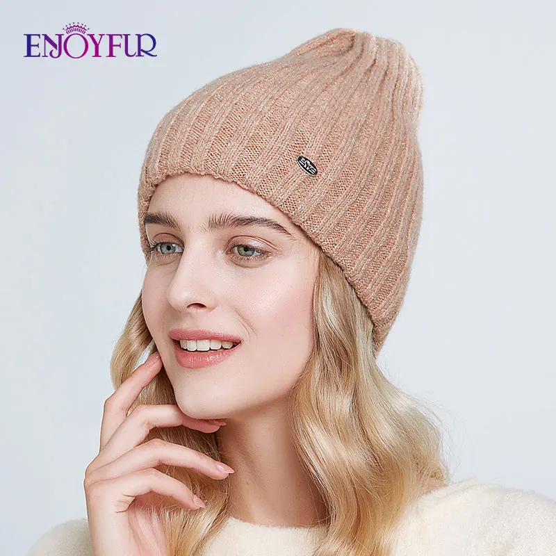 ENJOYFUR Thick warm winter hats for women soft mohair knitted female caps double lining beanies - Цвет: 40
