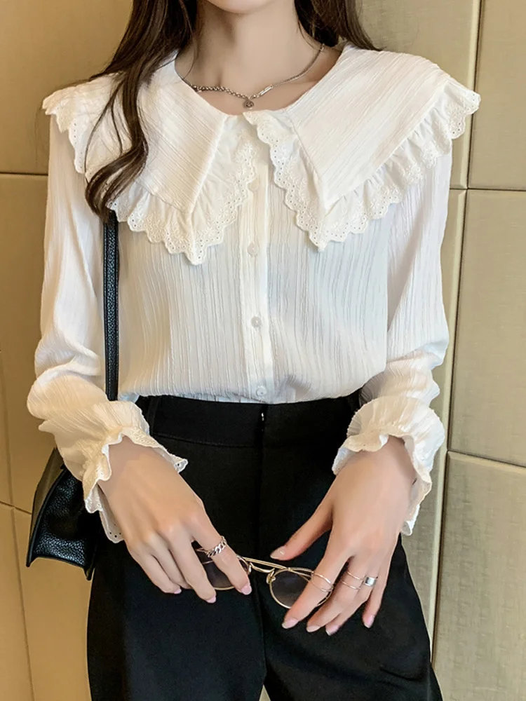 

Женская шифоновая рубашка, белая рубашка во французском стиле с длинным рукавом и кукольным воротником, осень 2021