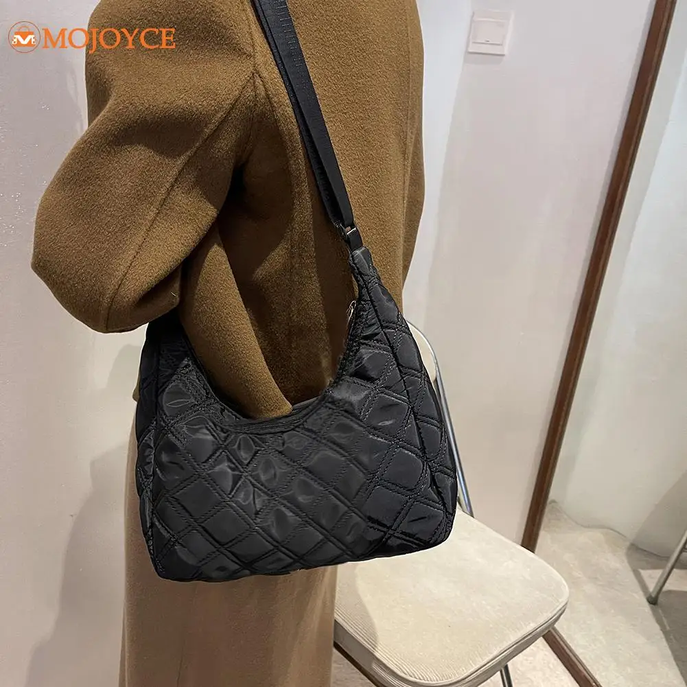 

Women Cotton Padded Solid Color Diamond Lattice Crescent Handbag Winter Trend Zipper Quilted Shoulder Bag bolso acolchado mujer