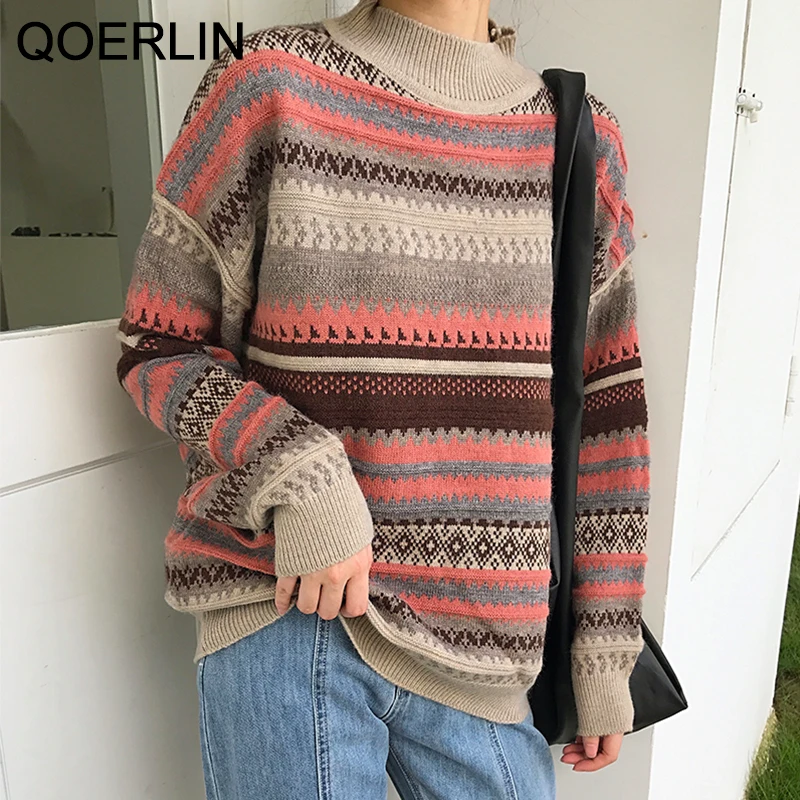 

QOERLIN Fall Winter Knitted Striped Sweater Women Couple Oversized Pullovers Sweaters Loose Warm Jumper Streetwear Teen Knitwear