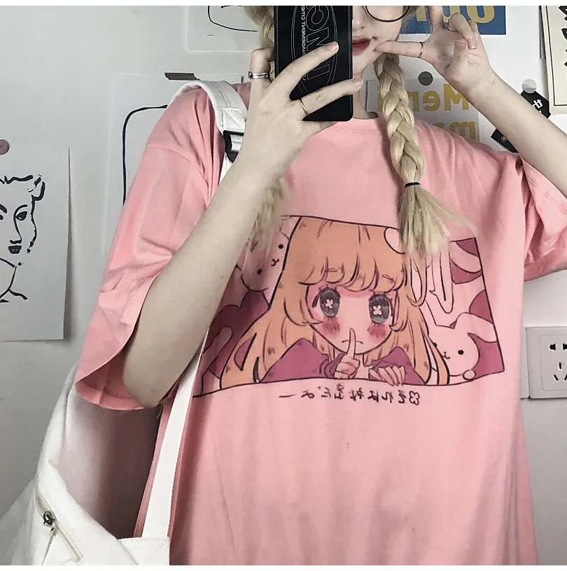 

JQ22 Cute Cartoon Sweet Girls Japanese Fun Pink Casual Tops Vintage Loose New Summer Women T-Shirt
