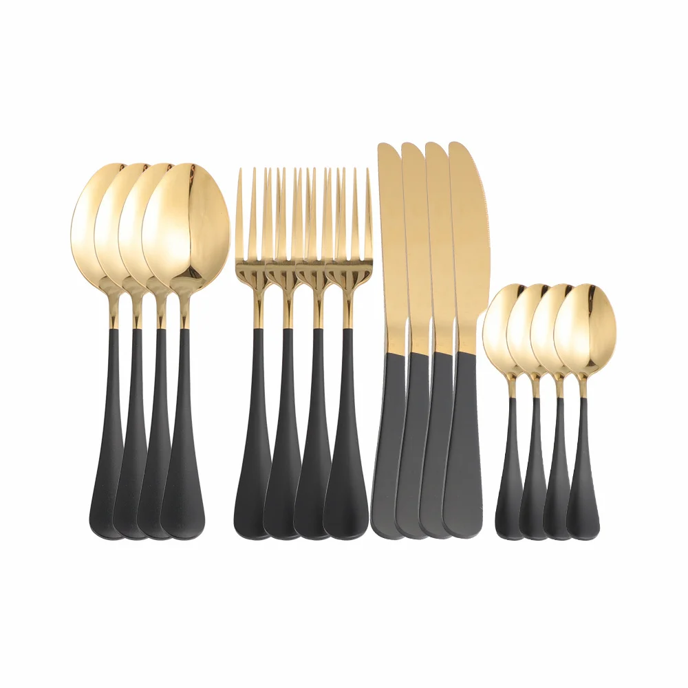 

16Pcs Black Gold Stainless Steel Cutlery Tableware Set Dinnerware Dinner Flatware Set Forks Knives Spoons Set Thin Silverware