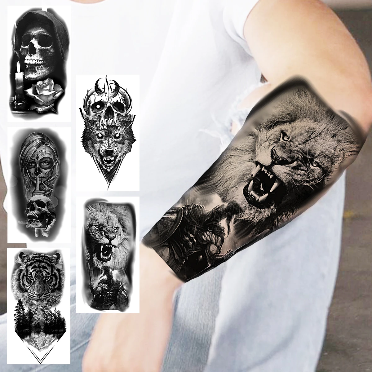 

Lion Knight Temporary Tattoos For Women Men Realistic Scary Candle Vampire Tiger Forest Wolf Fake Tattoo Sticker Arm Tatoos