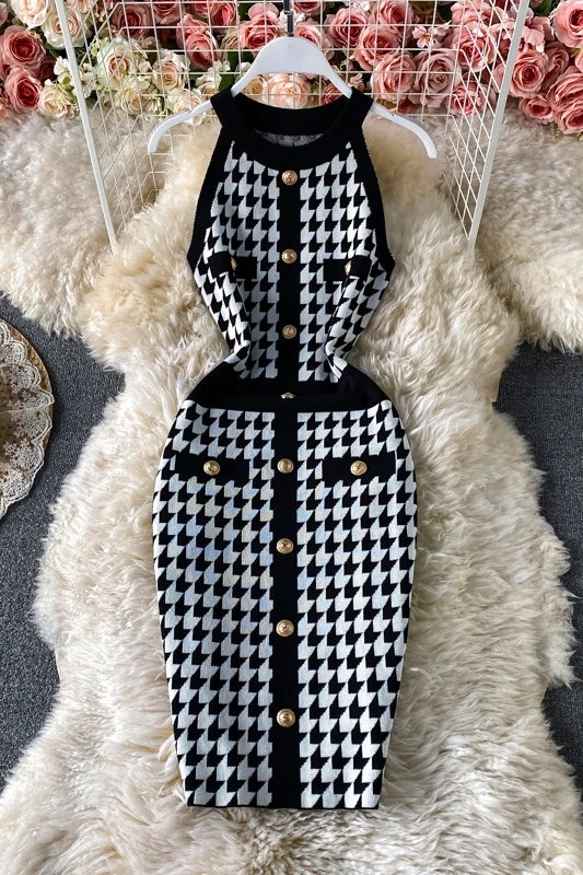 

Mini Knit Dress Girls Patchwork Sexy Bodycon Buttons Soft Stretchy Classic Plaid Sweater Dresses For Women Autumn Spring