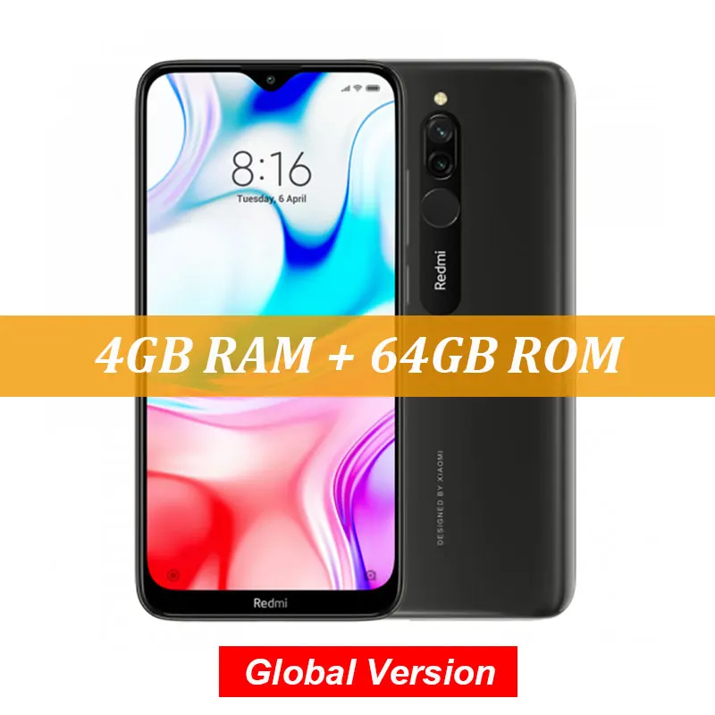 Black Глобальная версия, Xiaomi Redmi 8, 4 ГБ, 64 ГБ, Восьмиядерный процессор Snapdragon 439, двойная камера 12 Мп, мобильный телефон, 5000 мАч, большая батарея OTA - Цвет: Black