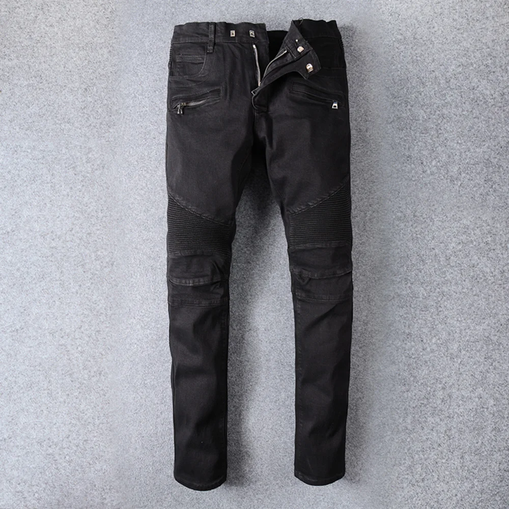 

Men's black stretch zipper denim biker jeans for motorcycle Slim fit pleated skinny pencil pants