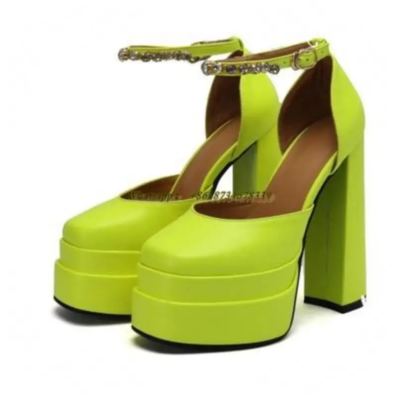 

McNabney 2022 New Women Shoes Green Leather Lolita Style Platform Cover Heel Rhinestone Ankle Buckle Strap Thick Heel Pumps