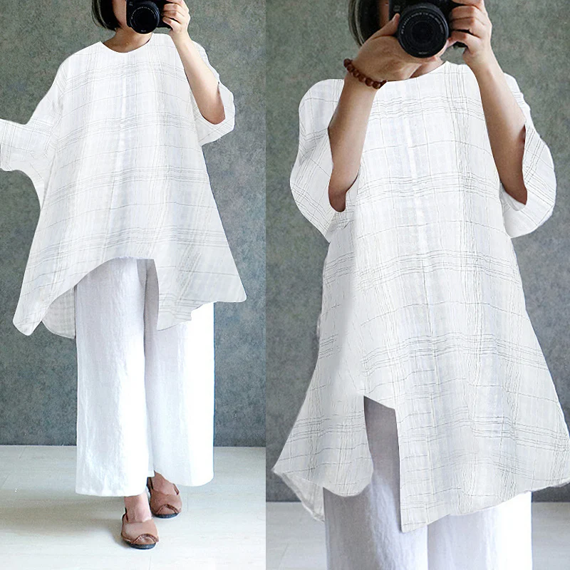 Винтажное женское платье большого размера свободное в клетку Длинная блузка с