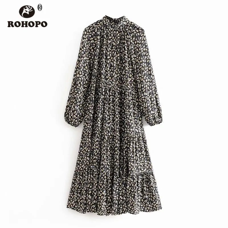 ROHOPO/платье средней длины с высоким воротником и принтом рукав три четверти на