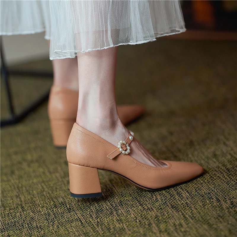 

VERCONAS Sweet Pearl Buckle Mary Janes Women Pumps 2021 Spring Concise Casual Square Toe High Heels Shoes Woman Genuine Leather