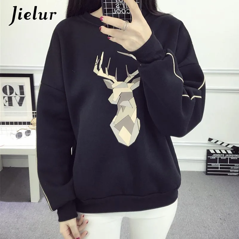 Jielur Harajuku толстовки с капюшоном для женщин толстые Kpop Черный Mujer Свободные Осень Зима Новая мода Chicly колледж Moletom Feminino