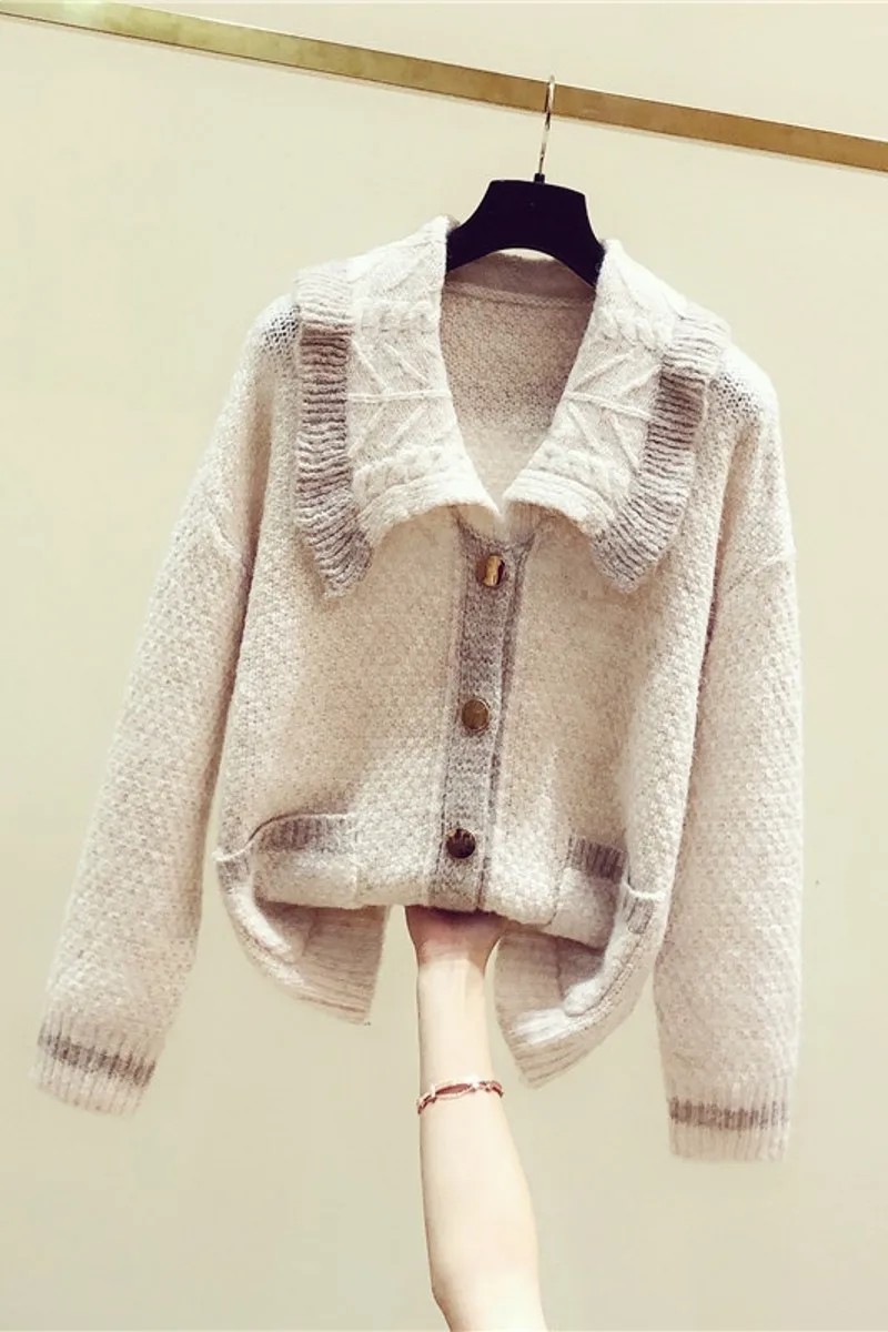 

2020 New Autumn Winter Large Turn Down Collar Single Breasted Knitted Cardigans Outwear Thick Loose Female Sweaters Coats