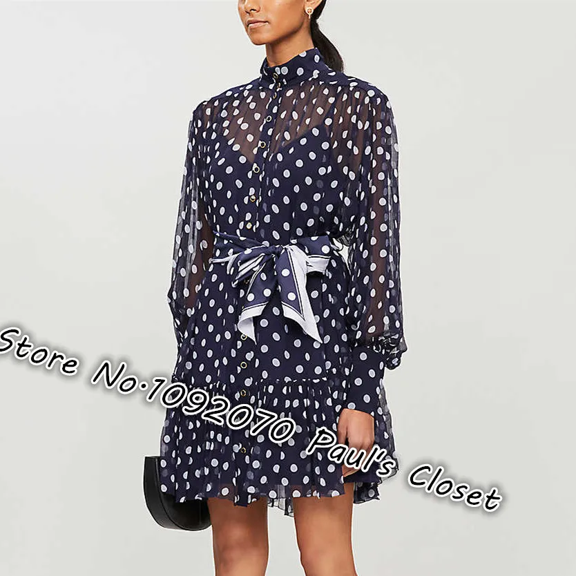 Women High collar Midnignt Dot Spot Print Silk Mini Dress