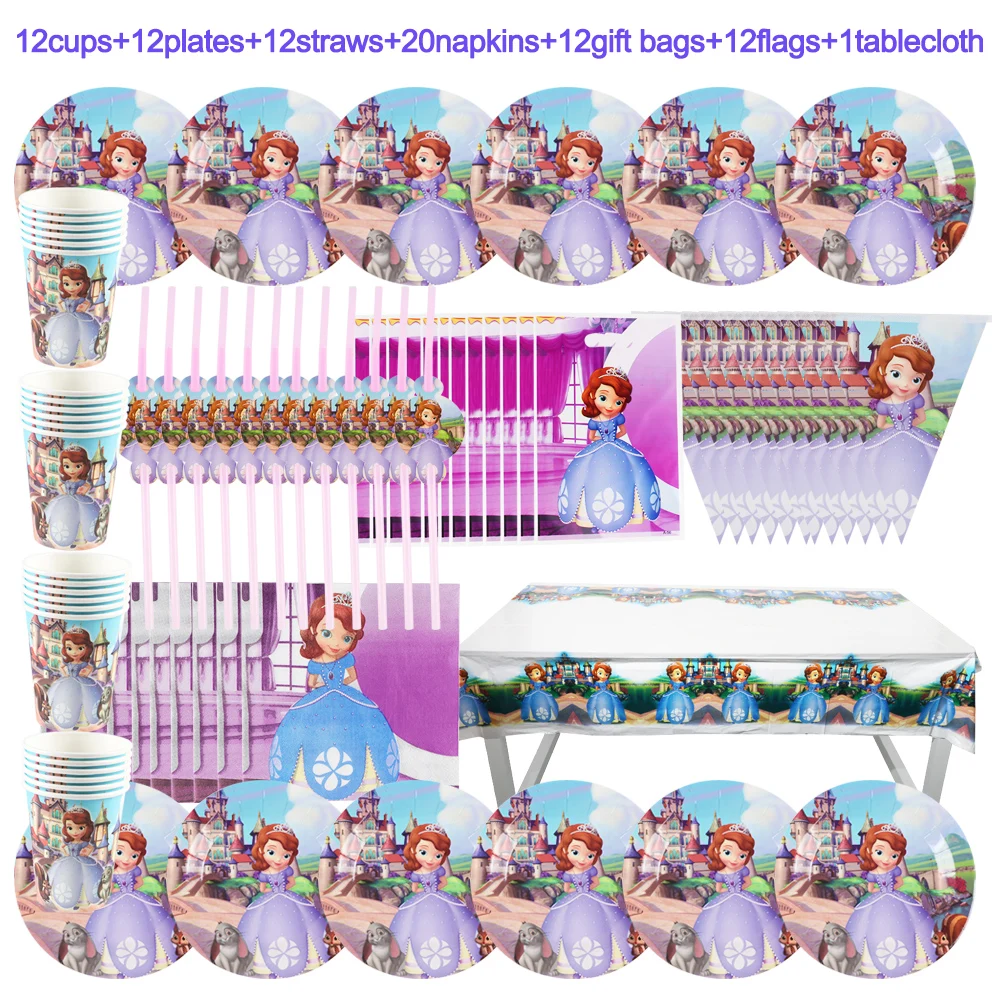 

Hot Sale Sofia Princess Disney Theme Girls Birthday Party Decorations Cups Plate Tablecloth 44/36/56/69/81Pcs Baby Shower