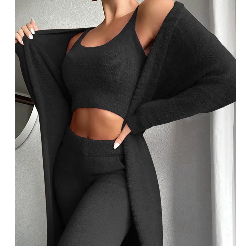 

Autumn 3Pcs Knitting Suit Long-sleeved Jacket Cardigan Tank Top Pants Women Winter Knitted Sweater Suit Casual Tracksuits Set