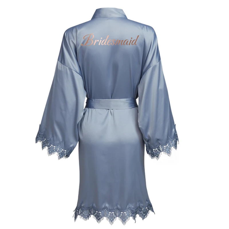Dusty Blue New Matt Satin Lace Robe with Trim Gown Bridal Wedding Bride Robes Bridesmaid Kimono Robe  Bridal Robes