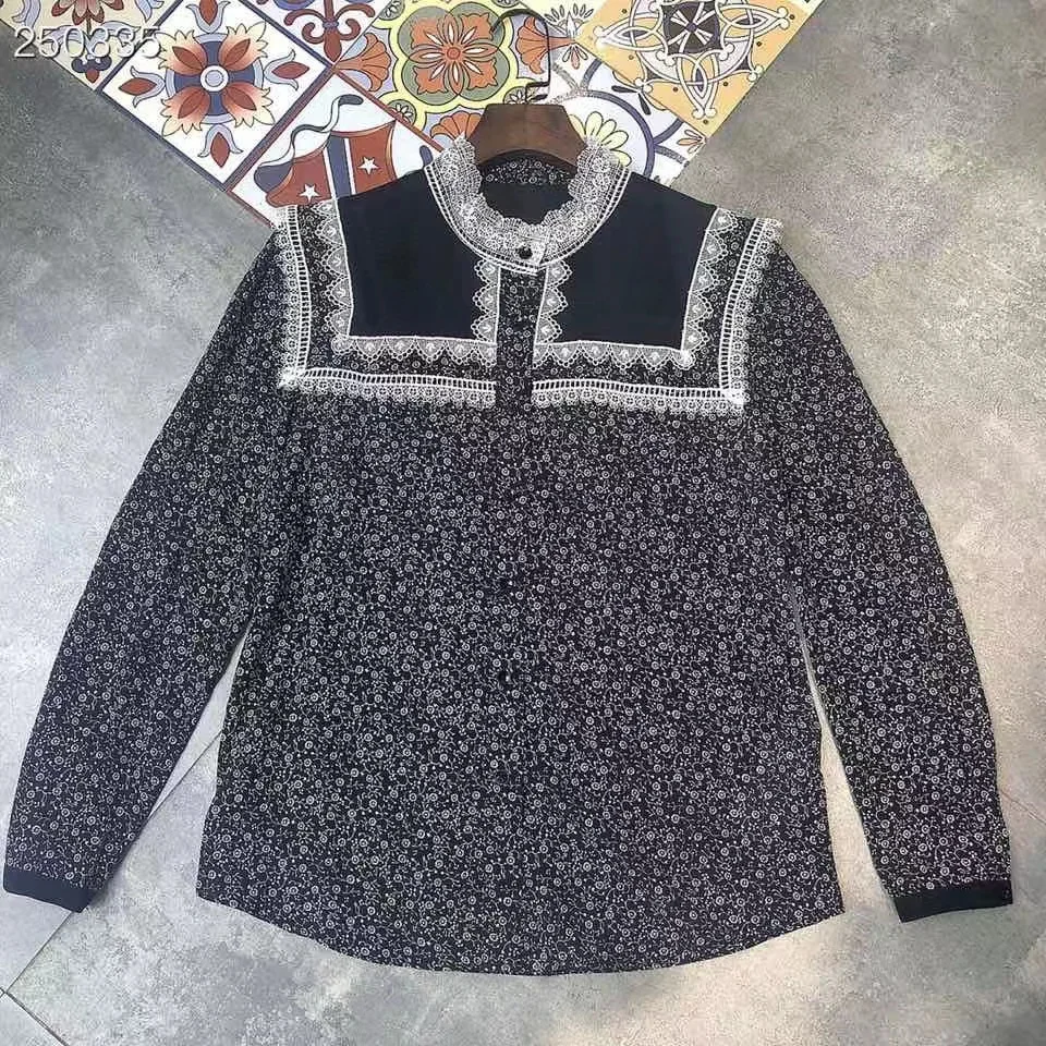

Fyion High Quality Top Fashion Runway Women Shirt Pure Silk Retro Flower Print Blouse Pullover 2021 Autumn Tops