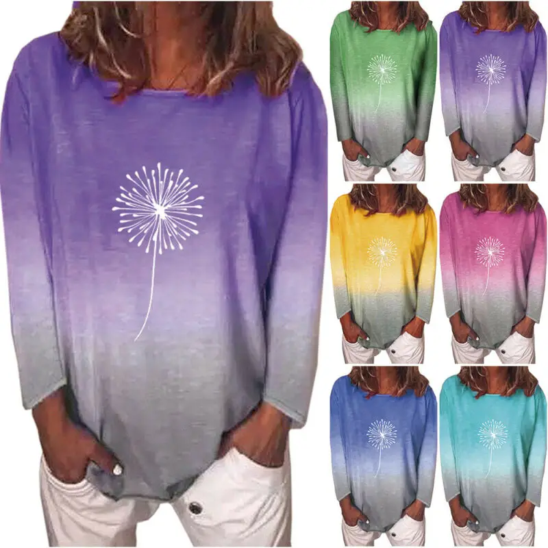 

Womens Ladies Dandelion Print Gradient T-Shirt Plus Size Tunic Blouse Pullover