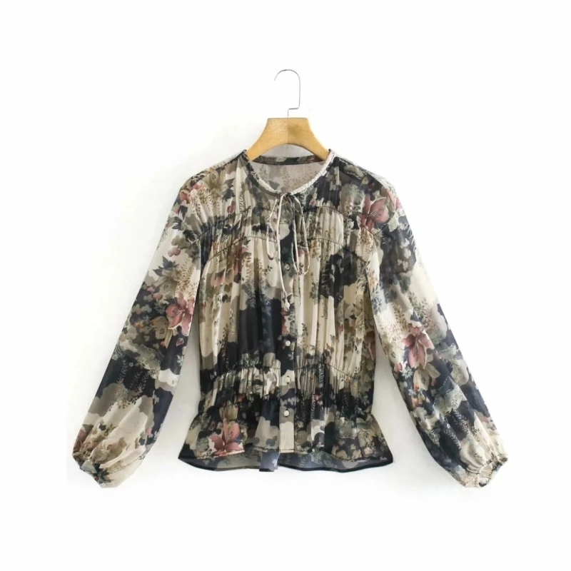 

2021 New Spring Women Vintage Print Chiffon Blouse Female O Neck Bow Tie Long Sleeve Shirt Office Lady Loose Tops Blusas S8511