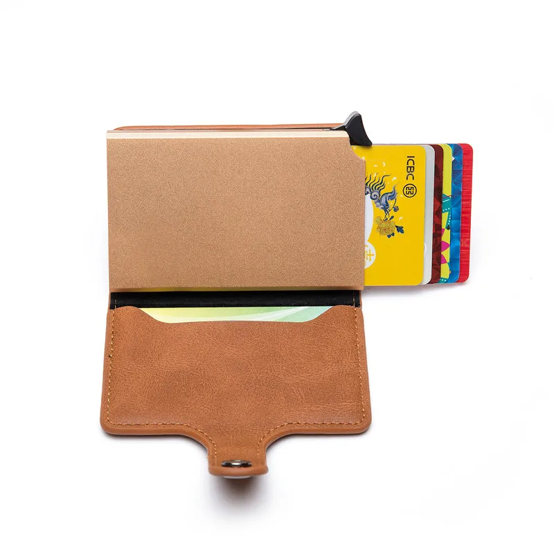 BISI GORO 2021 Smart Wallet Card Case Metal RFID Anti Theft Brush Aluminum Box Holder Men and Women PU Leather Casual Purse | Багаж и