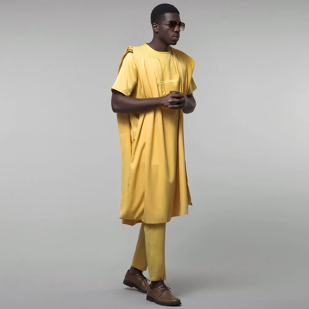 Fadzeco Agbada Мужская африканская вышивка Дашики желтый Doudou топы Короткий рукав брюки 3 шт размера плюс мужская одежда халат Базен