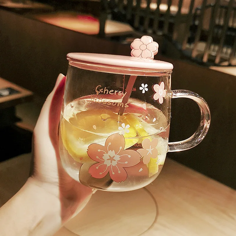 500 мл Сакура стеклянная кружка с крышкой вишневая чашка цветок чайная прозрачное