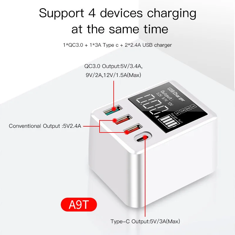 uslion 30w 4port quick charge 3 0 usb charger led display universal mobile phone adapter type c fast charging for iphone xiaomi free global shipping