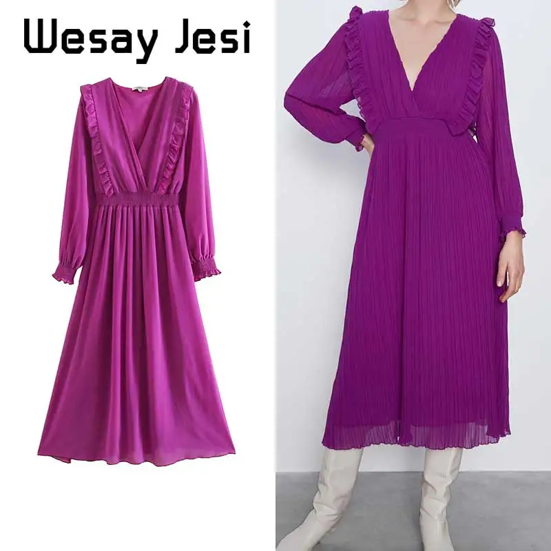 Женское летнее платье миди ZA элегантное однотонное винтажное с v образным