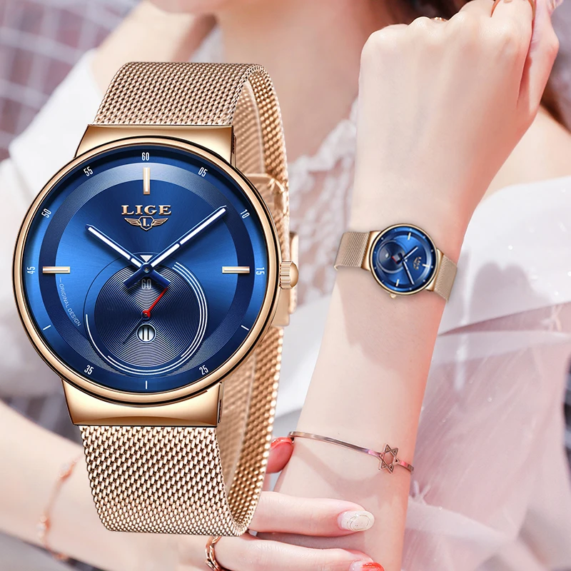 Женские повседневные кварцевые часы LIGE розовое золото синий цвет женские Relogio