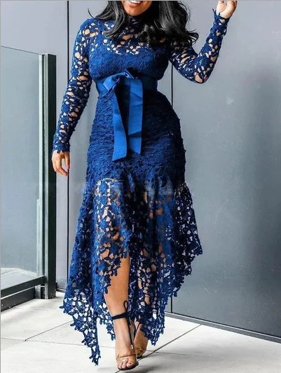 

Asymmetrical Elegant Dress Women 2021 Autumn Vintage Stand Neck Solid Long Sleeve Fashion Sexy Lace Patchwork Party Dress