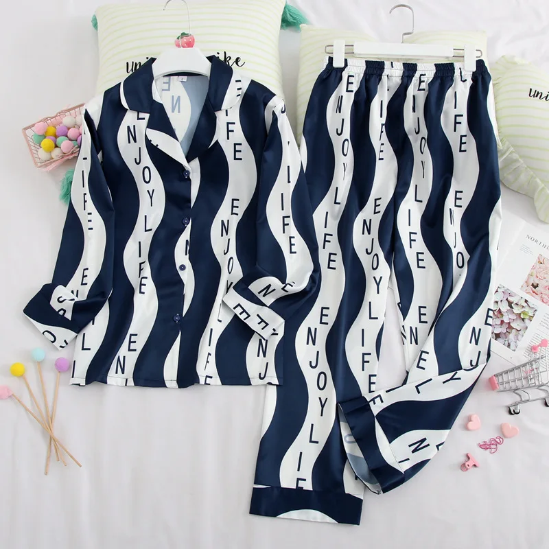 

Sexy Printed Striped Long Sleeve Pants Sleepwear Suit Spring Autumn Rayon Silk Homewear Nightwear Pajamas Pyjama Set
