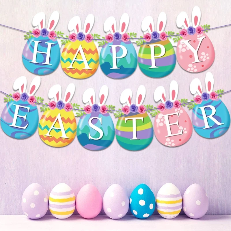 

Easter Theme Paper Banner Paper Happy Easter Ei Rabbit Flag Party Decorations HX6D