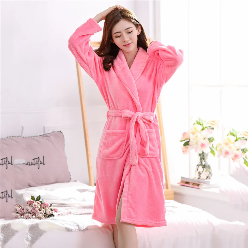 Розовая Женская зимняя теплая Фланелевая Пижама Халат-кимоно Удобный Повседневный Мягкий банный халат Домашняя одежда пижамы большого размера