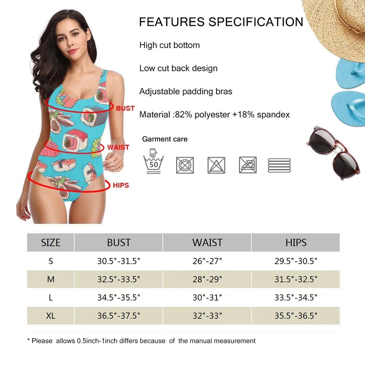 

Japanese Asian Dishes With Shrimps Sashimi Seafoods Women's Sexy One Piece Swimsuit Bikini Swimwear Bathing Suit Monokini