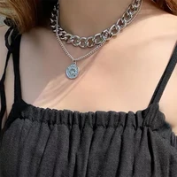 silver color chunky metal chain necklace for women coin pendant charm short chocker womens hip hop fashion choker necklaces